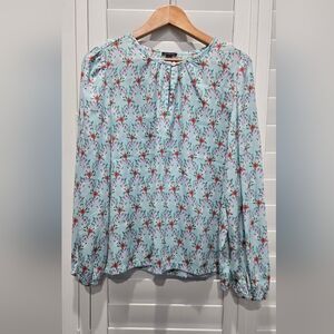 Ann Taylor Light Blue Floral Long Sleeve Blouse Large EUC